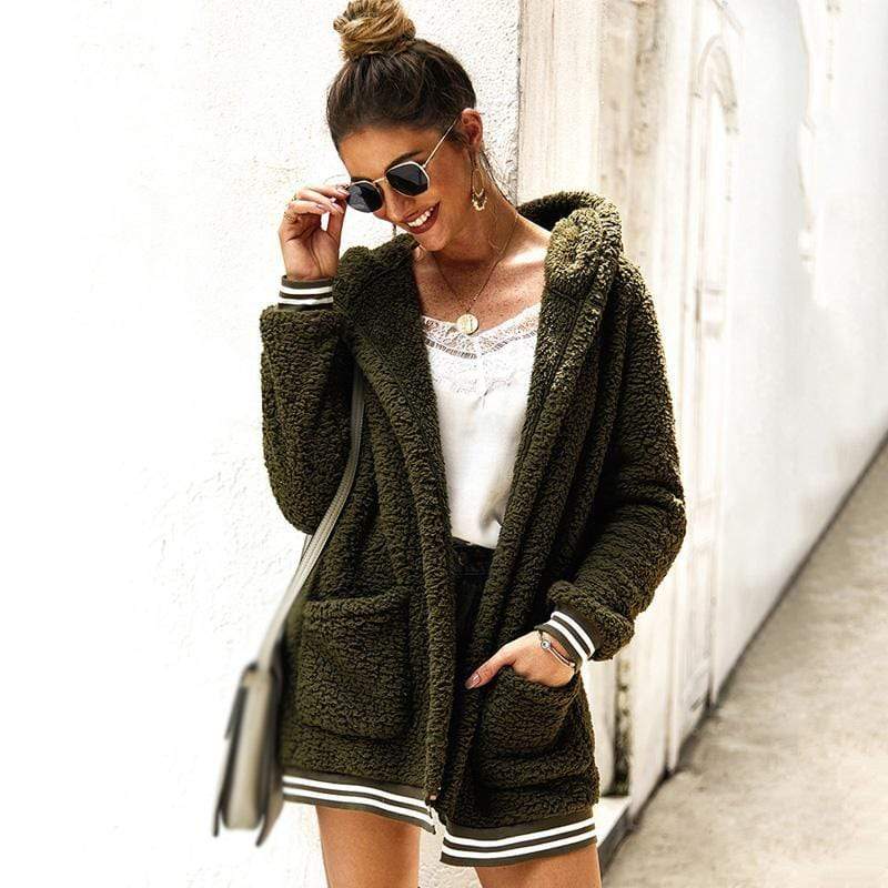 Women Coat Cardigan Stripe Pocket With Hat