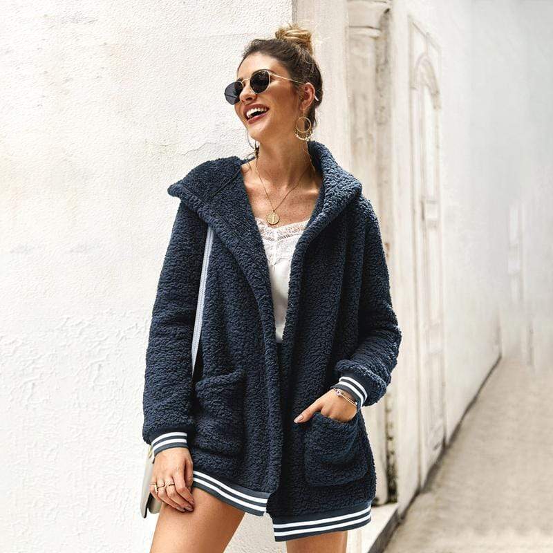 Women Coat Cardigan Stripe Pocket With Hat