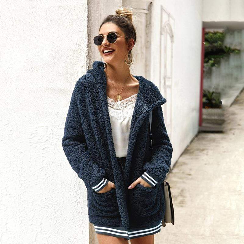 Women Coat Cardigan Stripe Pocket With Hat