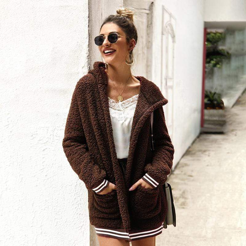 Women Coat Cardigan Stripe Pocket With Hat