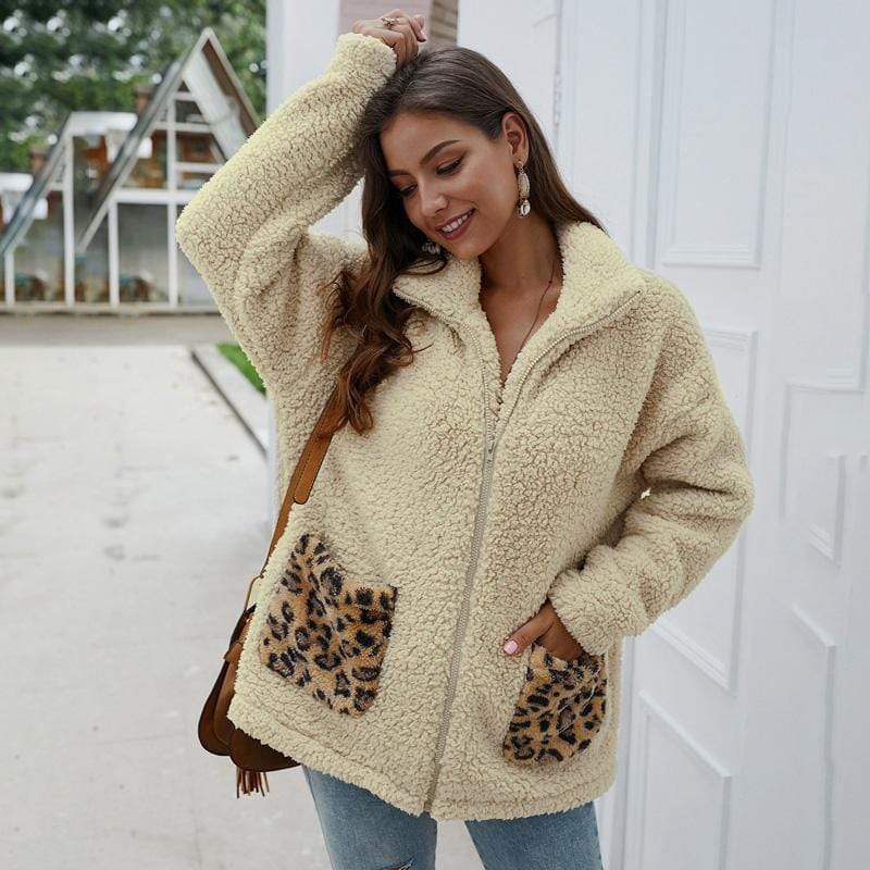 Women Coat Jacket Autumn Winter Lapel Leopard Pocket Plush Zipper Fashion