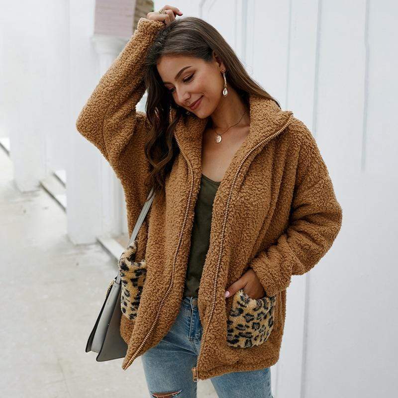 Women Coat Jacket Autumn Winter Lapel Leopard Pocket Plush Zipper Fashion