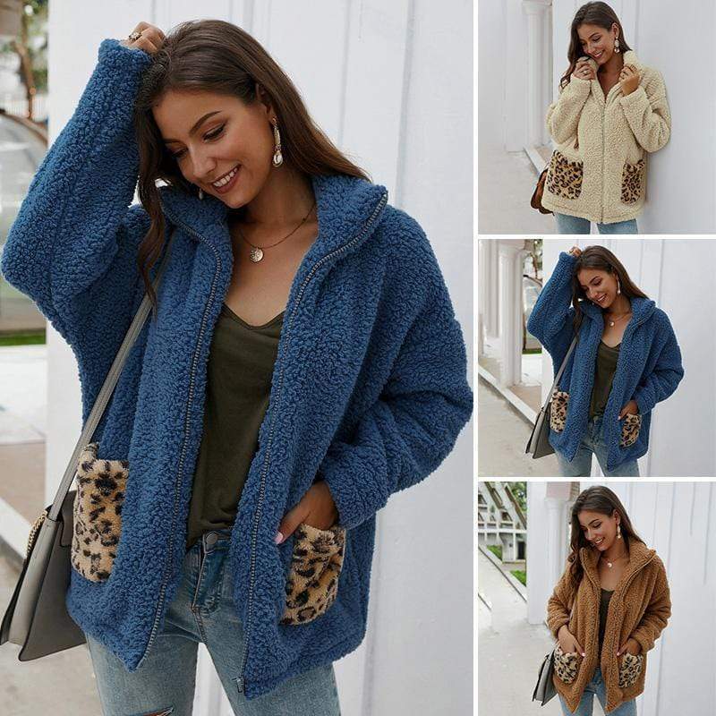 Women Coat Jacket Autumn Winter Lapel Leopard Pocket Plush Zipper Fashion