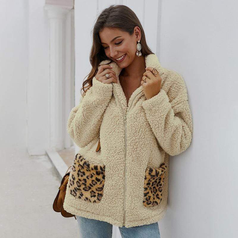 Women Coat Jacket Autumn Winter Lapel Leopard Pocket Plush Zipper Fashion