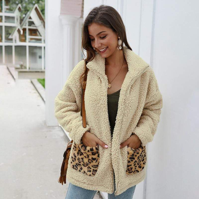 Women Coat Jacket Autumn Winter Lapel Leopard Pocket Plush Zipper Fashion