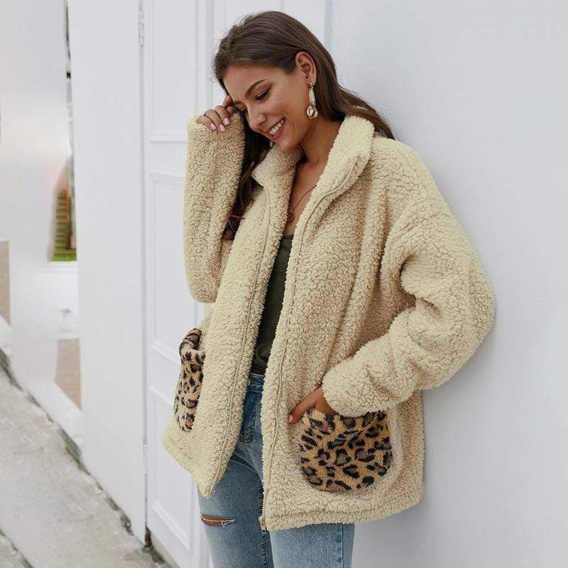 Women Coat Jacket Autumn Winter Lapel Leopard Pocket Plush Zipper Fashion