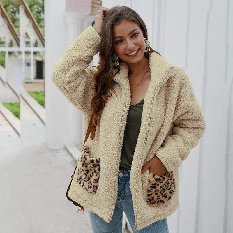 Women Coat Jacket Autumn Winter Lapel Leopard Pocket Plush Zipper Fashion