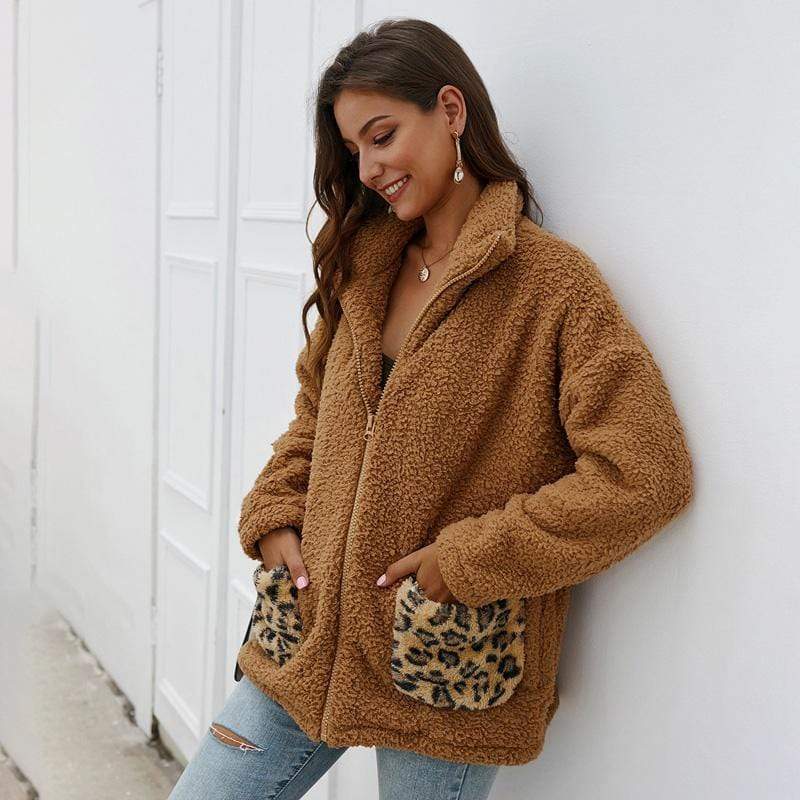 Women Coat Jacket Autumn Winter Lapel Leopard Pocket Plush Zipper Fashion