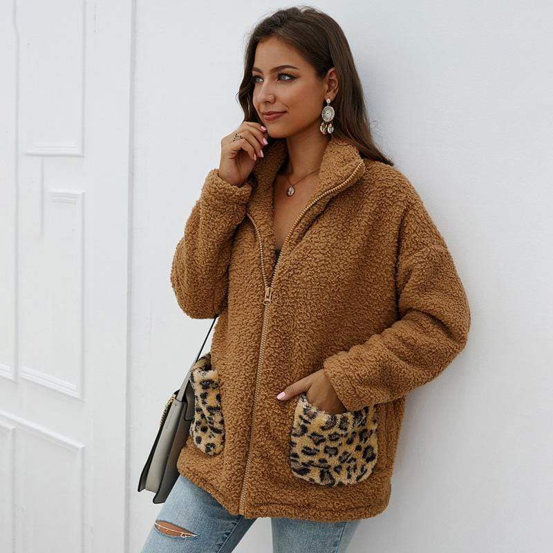 Women Coat Jacket Autumn Winter Lapel Leopard Pocket Plush Zipper Fashion