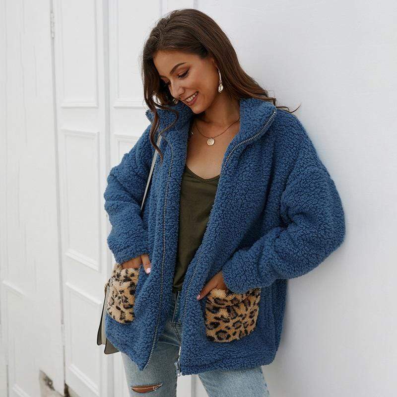 Women Coat Jacket Autumn Winter Lapel Leopard Pocket Plush Zipper Fashion