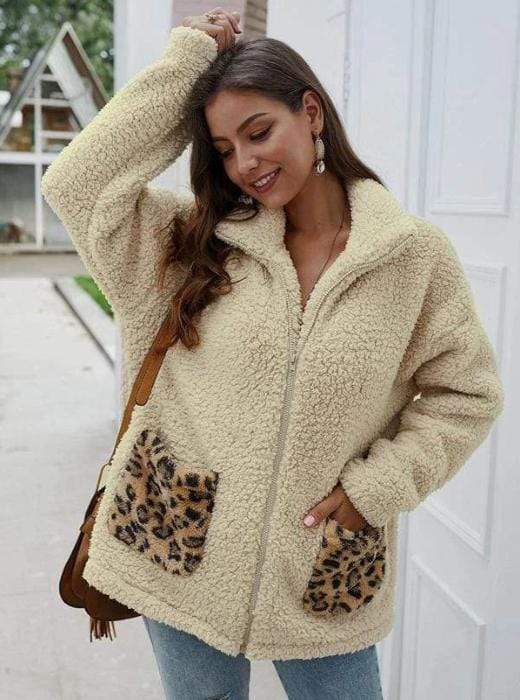 Women Coat Jacket Autumn Winter Lapel Leopard Pocket Plush Zipper Fashion