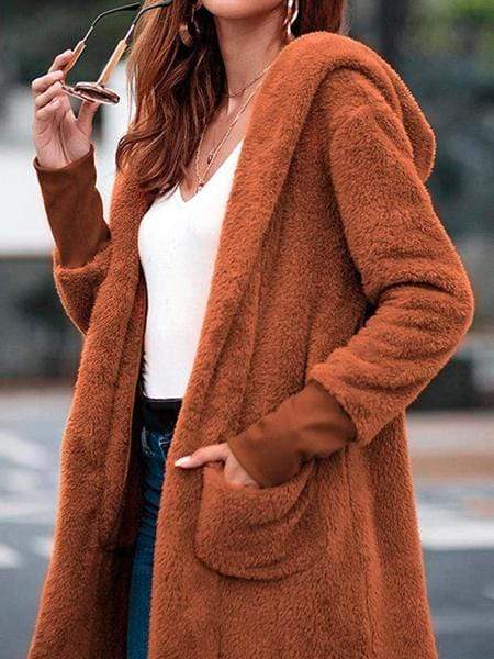 Women Coat Pocket With Hat Solid Color Long Sleeve