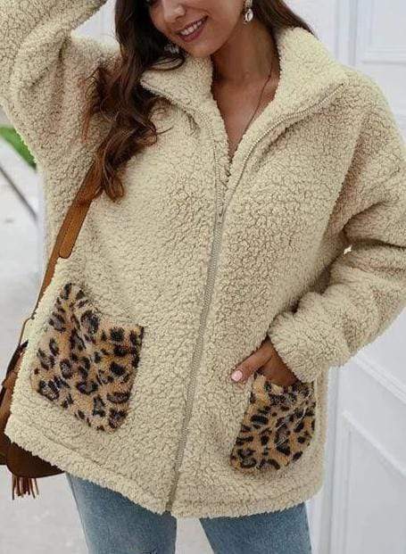 Zipper Leopard Pocket Hooded Coat for Women