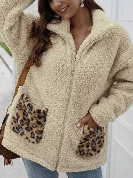 Zipper Leopard Pocket Hooded Coat for Women