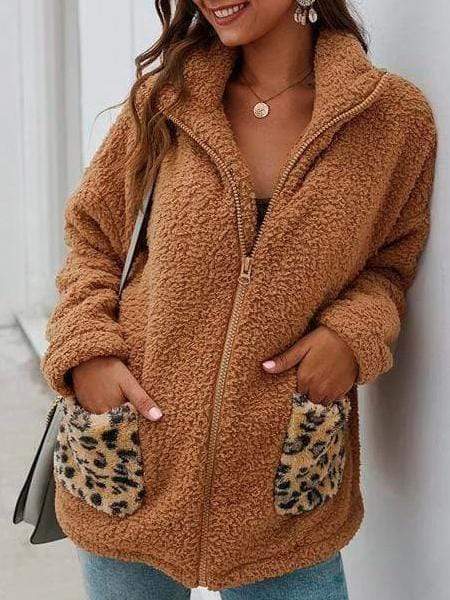 Zipper Leopard Pocket Hooded Coat for Women